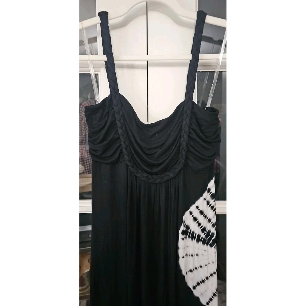 Boho Jersey Tie-dye Maxi Dress Black White Braided Straps Sz M Hippie Vibes #229 - Picture 2 of 8